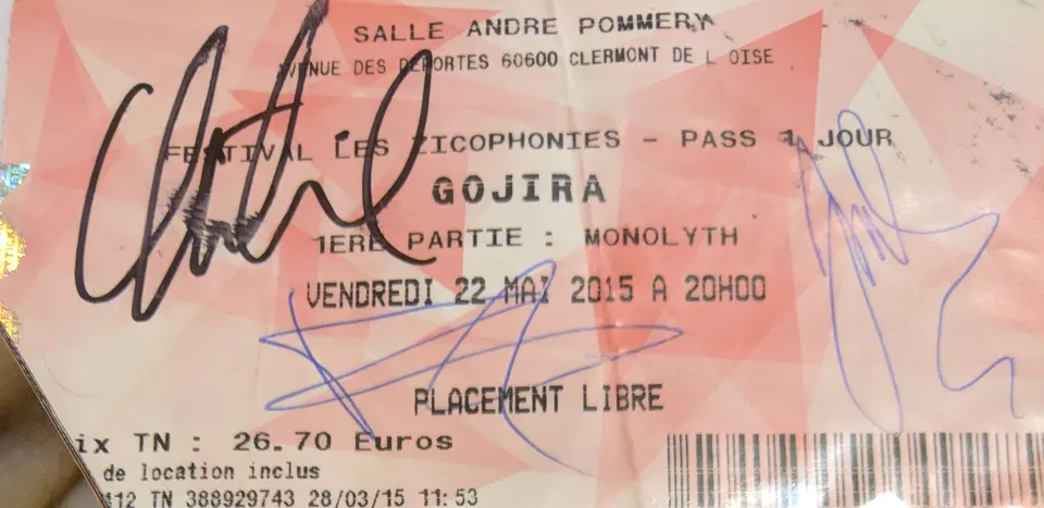 Le billet signé par Gojira (sauf Joe)